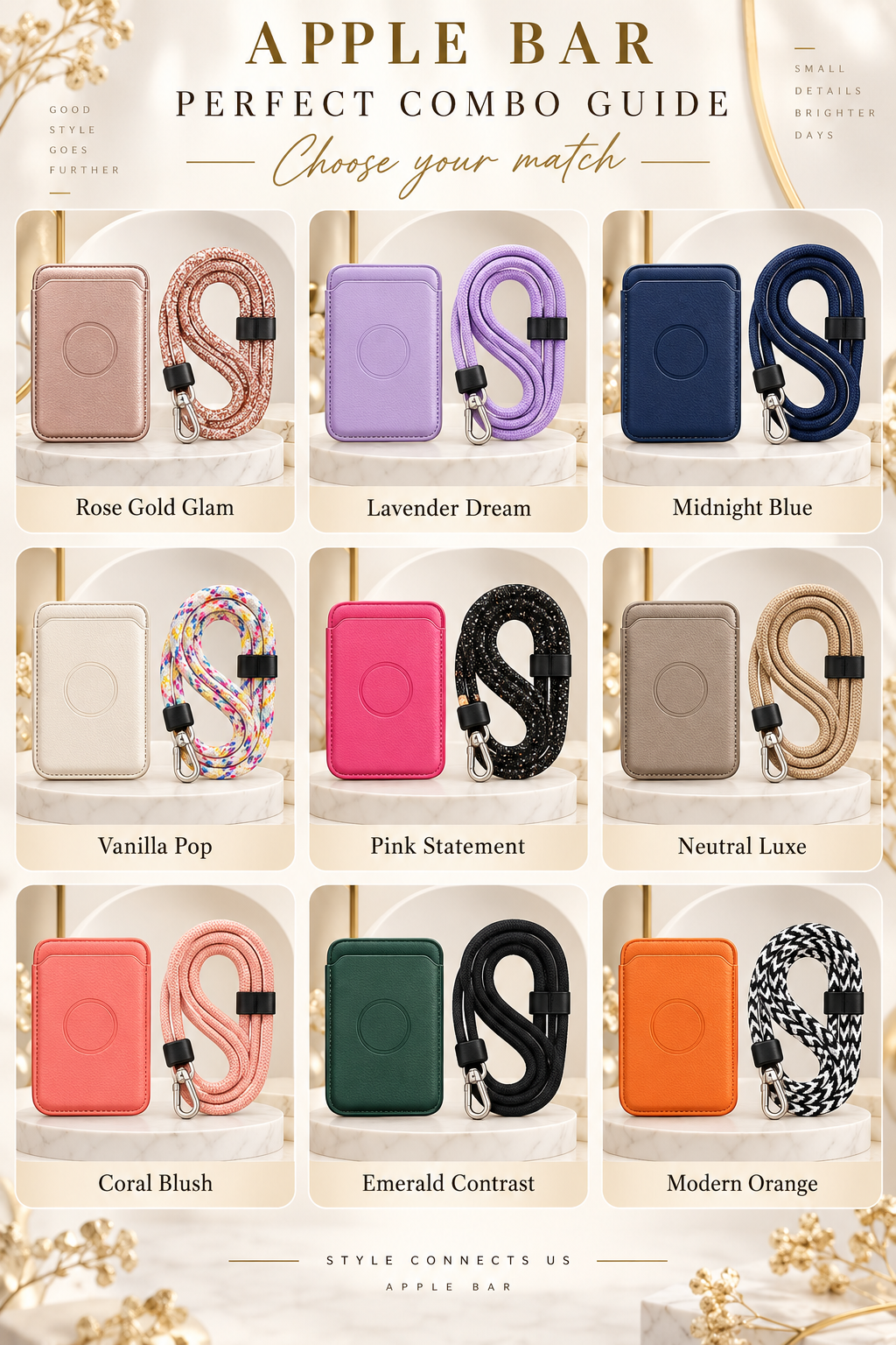 Signature pairings: Rose Gold Glam, Lavender Dream, Midnight Blue, Vanilla Pop, Pink Statement, Neutral Luxe, Coral Blush, Emerald Contrast and Modern Orange