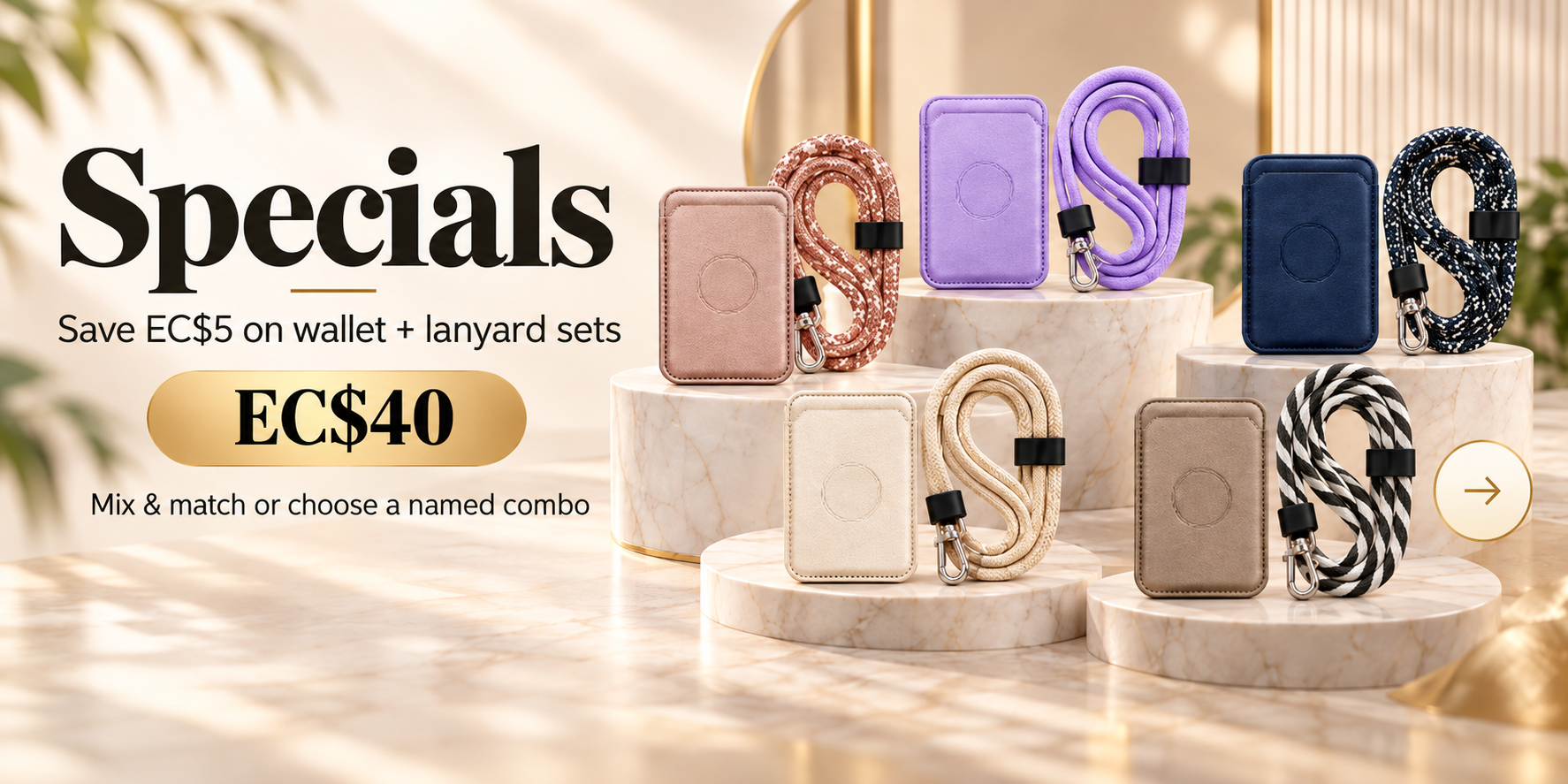 Specials — save EC$5 on wallet and lanyard sets